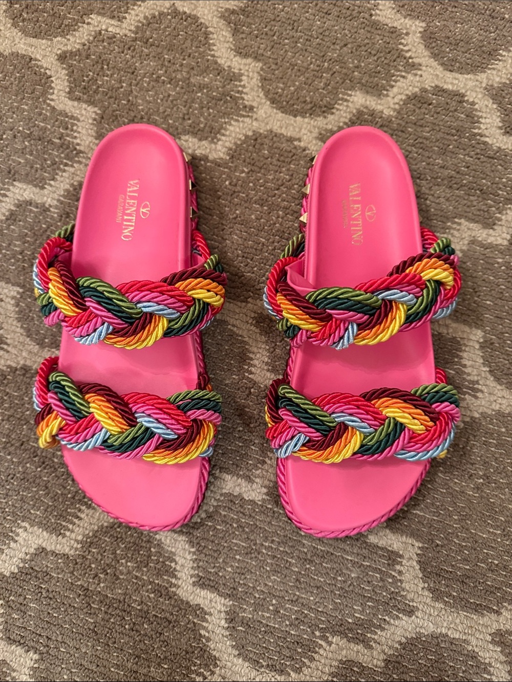 Valentino Pink Slides with Multicolor Braided Rope Straps